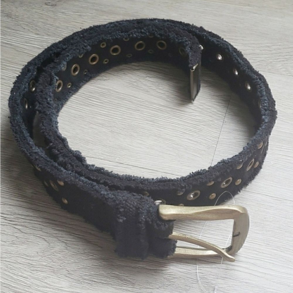 Free People Brass Studded Black Distressed Canvas Grommet Belt - Picture 2 of 7